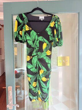 Ganni Banana Print Ruched Puff Sleeve Midi Dress